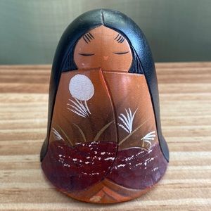Vintage Japanese Kokeshi Doll by Aoki Ryouka–Moonlit Kimono Scene, Artist Signed
